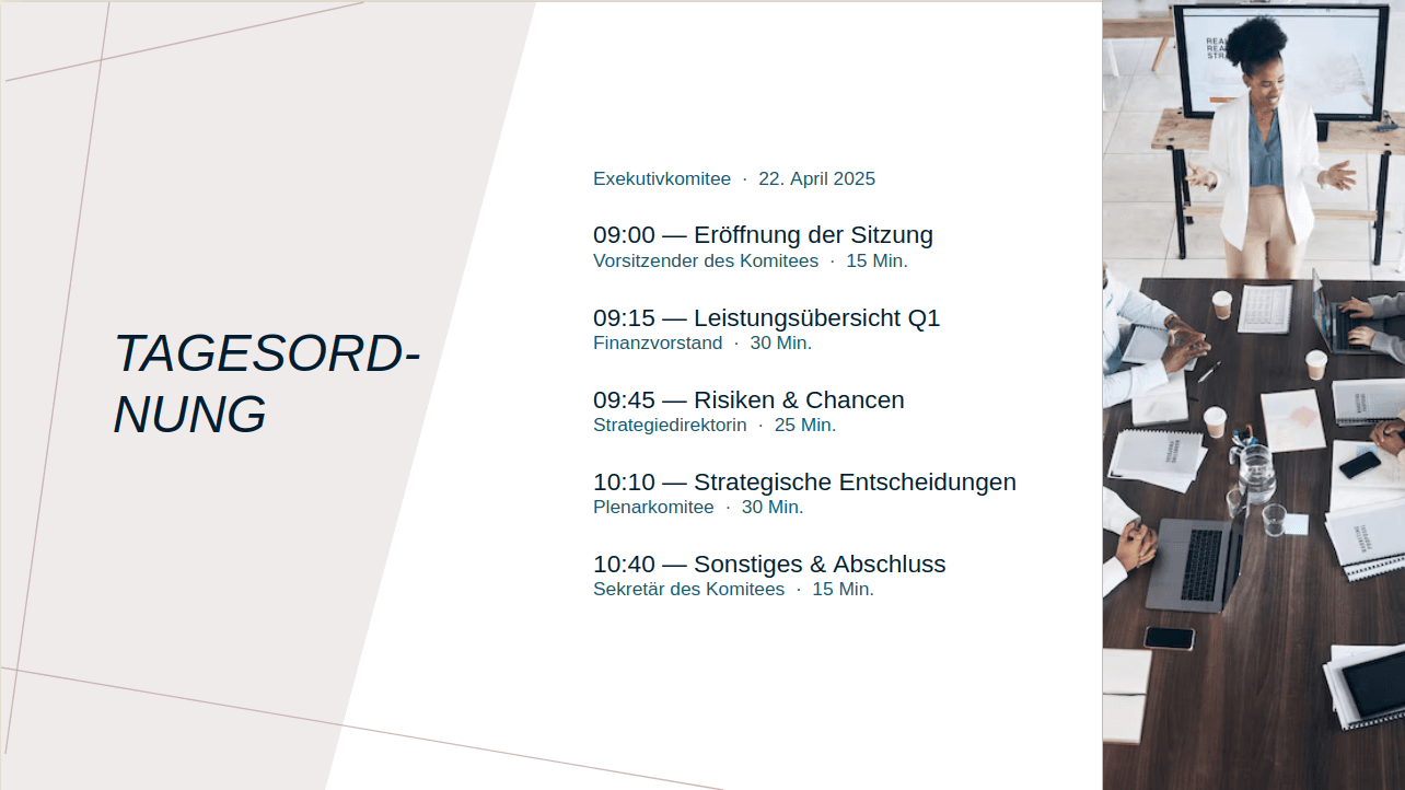 Agenda-Folie einer vierteljährlichen Vorstandssitzung, von Paul in der Unternehmensvorlage von Demo Corp erstellt.