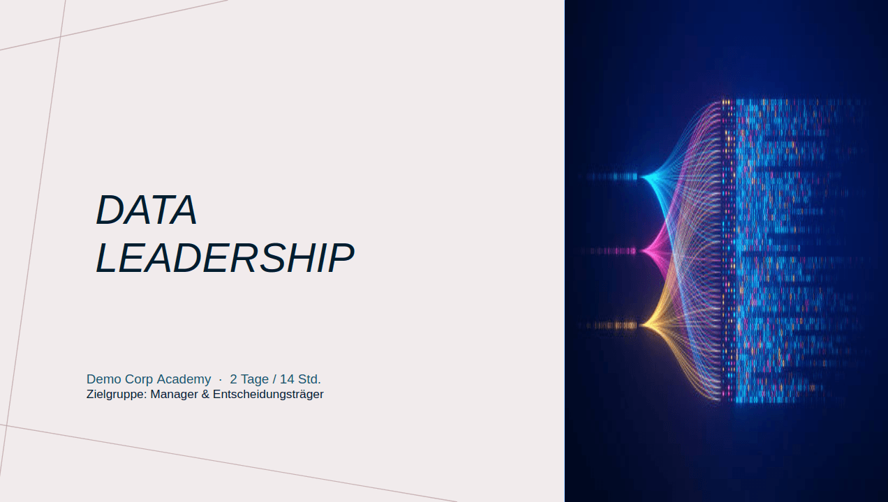 Titelfolie eines Schulungsmoduls zu Data Leadership, von Paul im Corporate Design von Demo Corp erstellt.