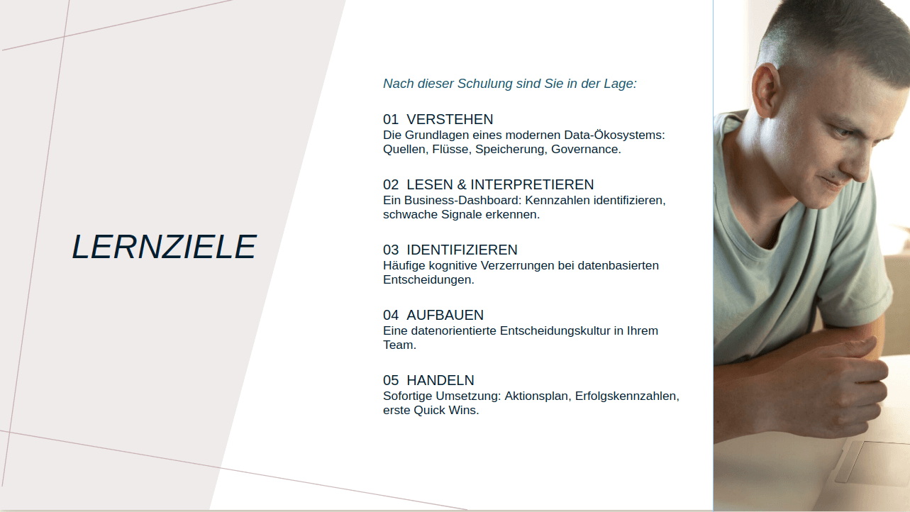 Folie mit Lernzielen eines Schulungsmoduls, als Handlungsverben formuliert, im Corporate Design.