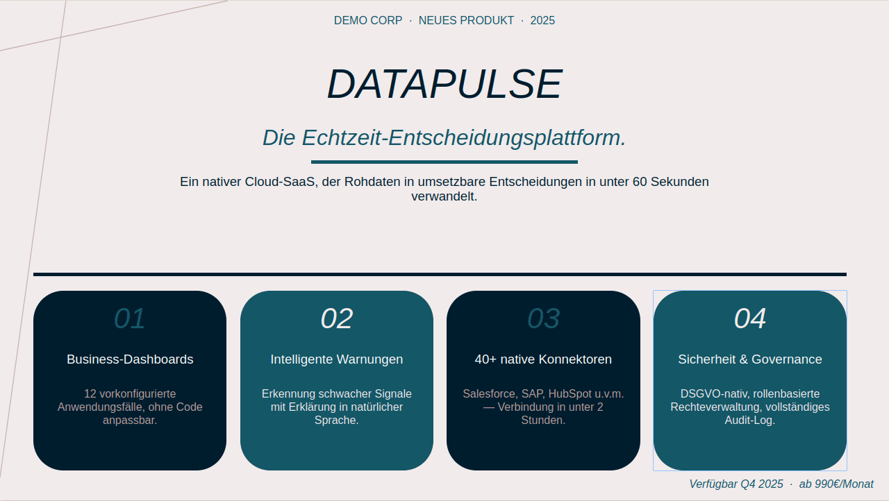 Folie zur offiziellen Ankündigung eines B2B-Produkts, von Paul im Corporate Design von Demo Corp erstellt.