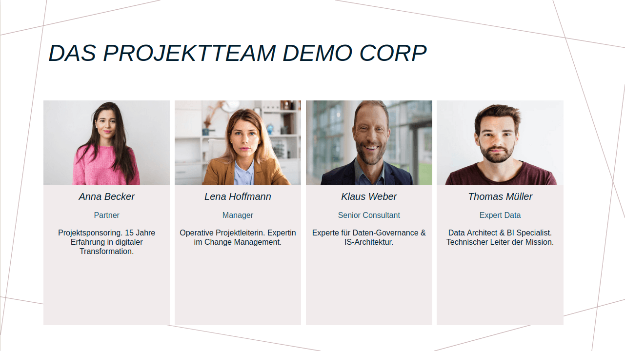 Folie zum Projektteam für eine RFP-Antwort: Porträts und Rollen in der Corporate-Vorlage.