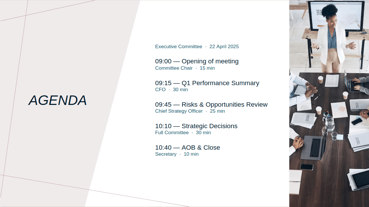 Quarterly executive board agenda slide generated by Paul inside Demo Corp's corporate template.