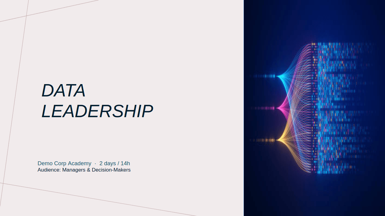 Cover slide for a Data Leadership training module generated by Paul inside Demo Corp's corporate template.