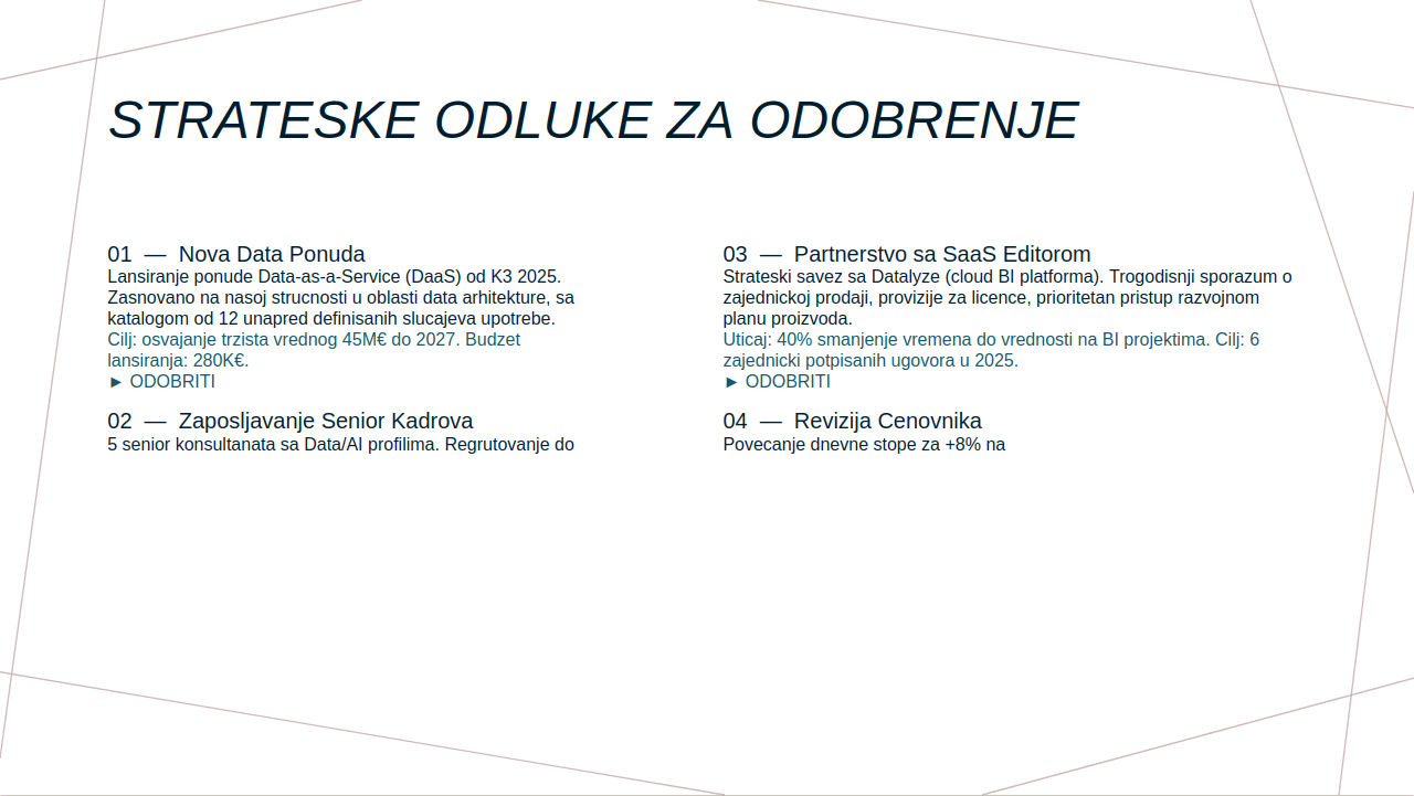 Slajd sa strateškim odlukama za potvrdu izvršnog odbora, formulisan kao preporuka spremna za odbor, u korporativnom šablonu.