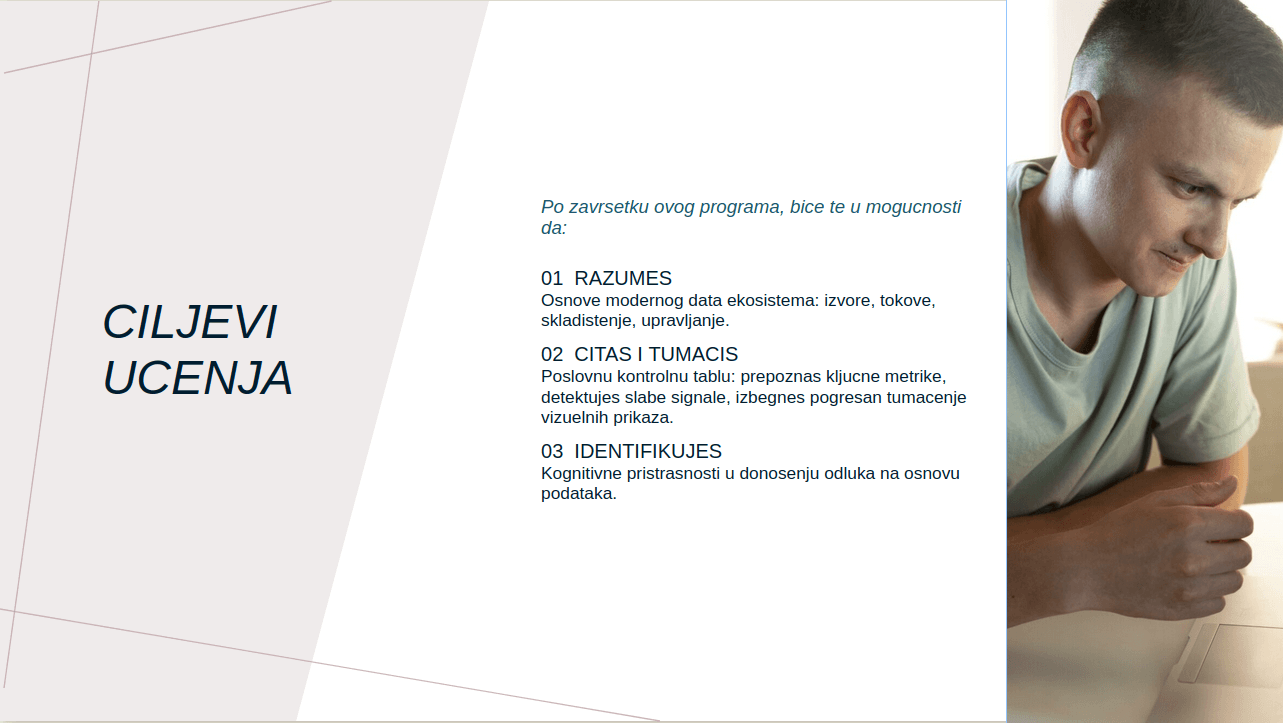 Slajd sa ciljevima učenja za modul obuke, formulisanim kao glagoli akcije, u korporativnom šablonu.