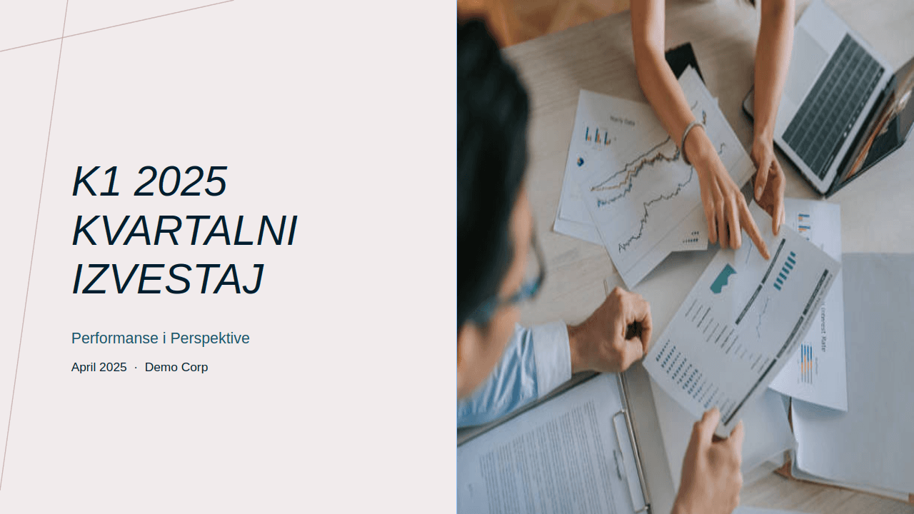 Naslovni slajd kvartalnog finansijskog izveštavanja koji je Paul generisao unutar korporativnog šablona kompanije Demo Corp.