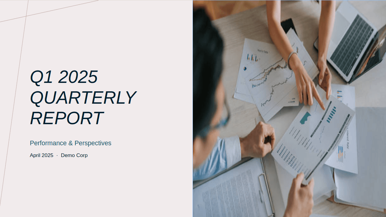 Quarterly financial reporting cover slide generated by Paul inside Demo Corp's corporate template.