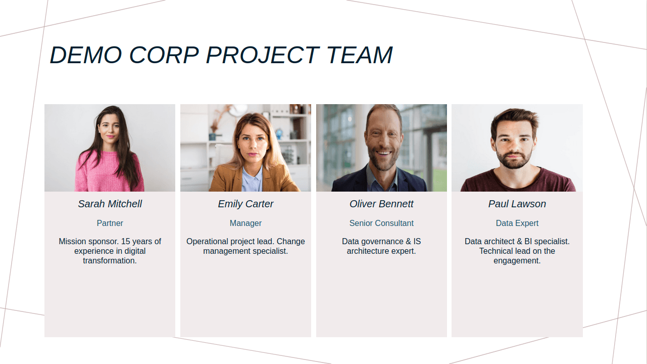 Project team slide for an RFP response: portraits and roles in the corporate template.